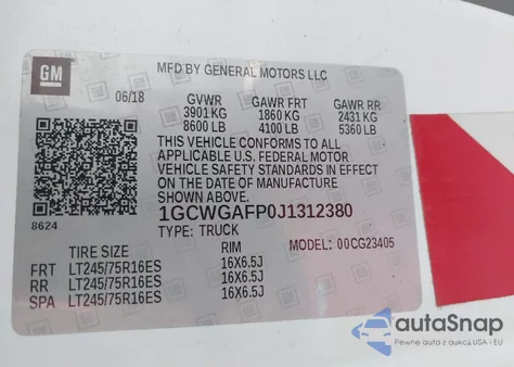 2018 Chevrolet Express 2500 Work Van z USA, uszkodzony, nr VIN 1GCWGAFP0J1312380